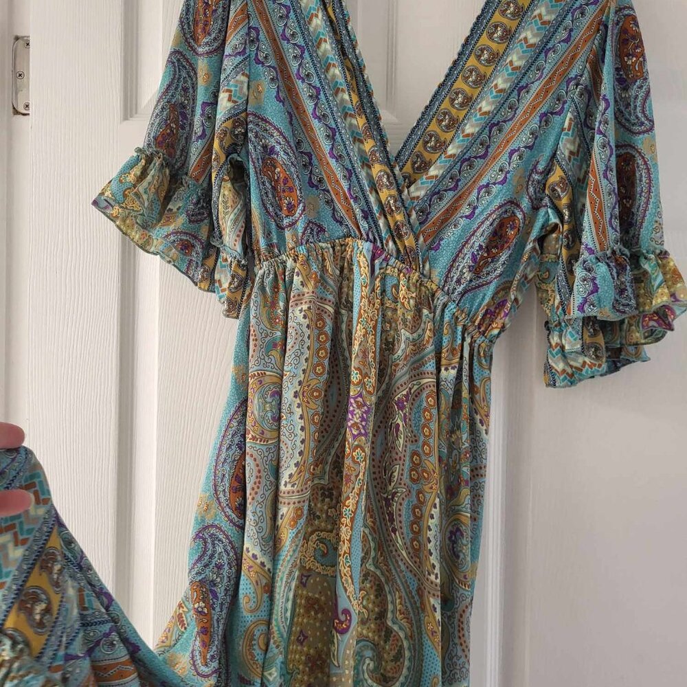 Earthbound Turqouise Green Blue Boho Ruffle Maxi Dress M - Picture 6 of 9